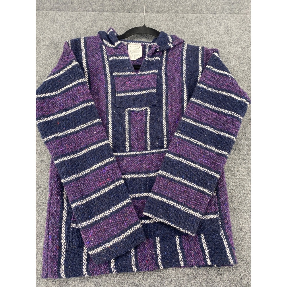Franks Textiles Baja Hoodie Mexican Jerga Pullover Small Purple Navy Blue Stripe
